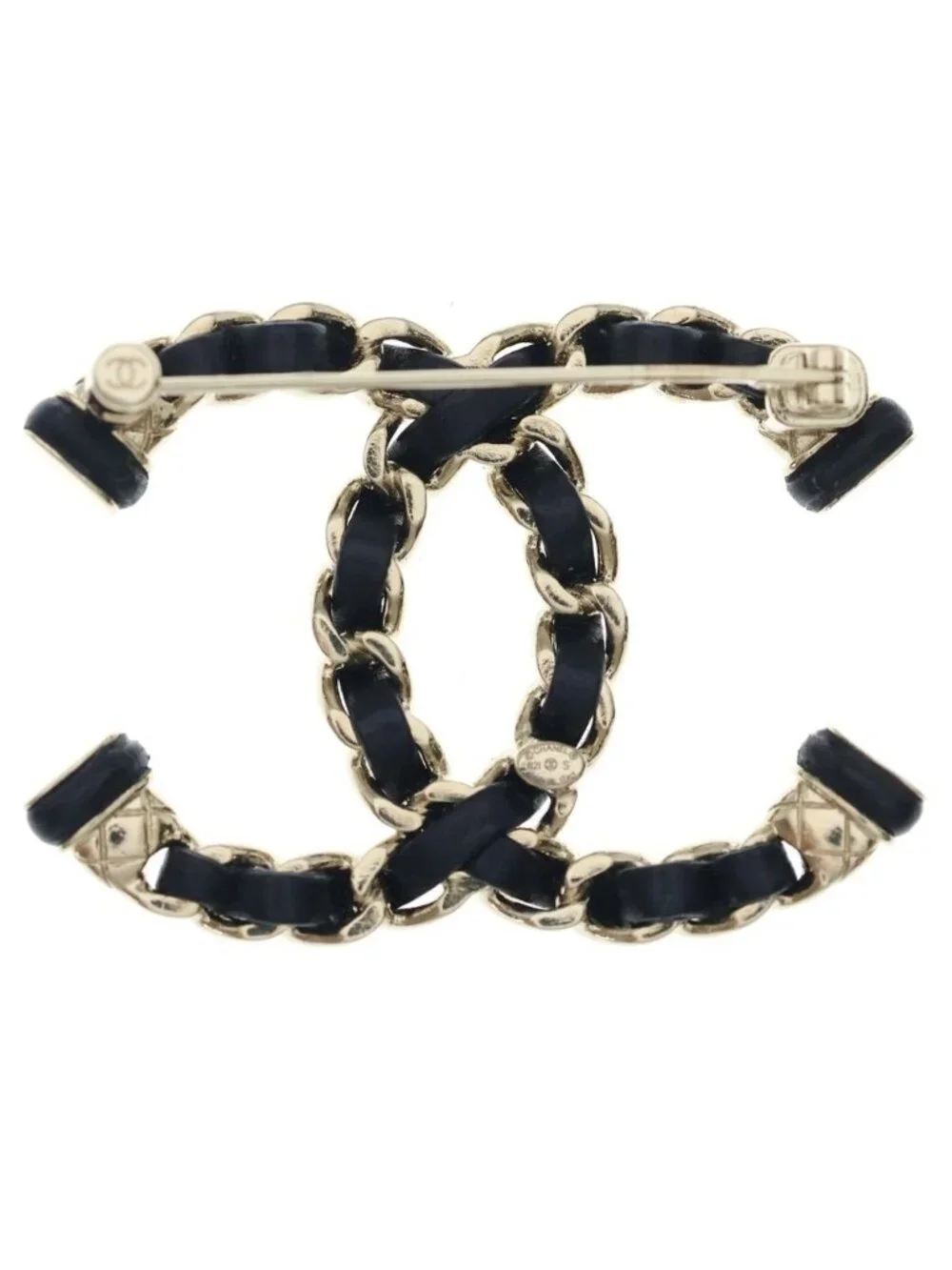 Chanel Coco Brooch CC Logo Leather Black Gold
